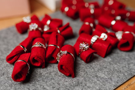 a set of rings lies on red velvetの写真素材