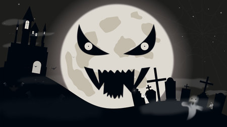 Picture with inscription happy halloween day with graves, castle and ghosts on the background of the big moon, black and white illustrationの写真素材