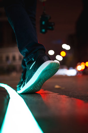 close-up of legs in sneakers on a crosswalkの写真素材