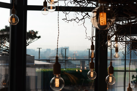 part of the interior, incandescent lamps of various shapes against the background of the window