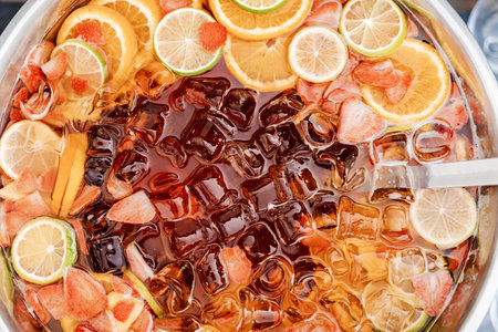 large bowl of lemonade with ice and sliced fruitの写真素材