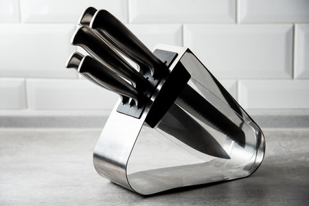 a set of 5 kitchen knives in a stand stands on the tableの写真素材