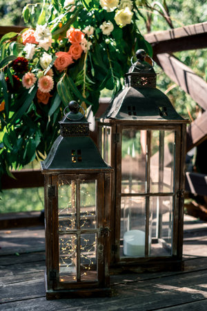 The wedding decoration. Decorated outdoor tables. ceremony site. ceremony stage. wedding ceremony. ceremony decoration.の写真素材