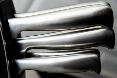 a set of 5 kitchen knives in a stand stands on the table, close-upの写真素材