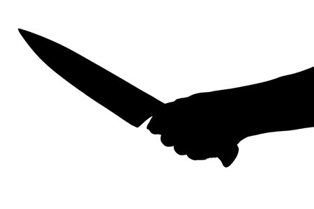 silhouette female hand holding a huge sharp knife. isolated on white backgroundの写真素材