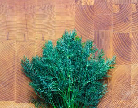 Green fennel on a wooden board.の写真素材
