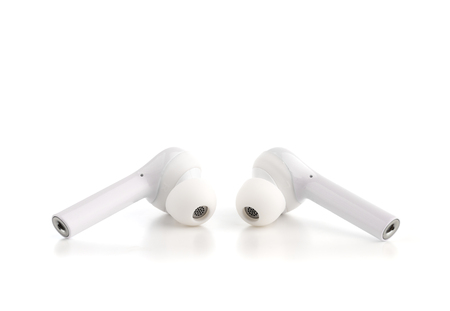 Wireless headphones on a white background. Close-up wireless headset.の写真素材