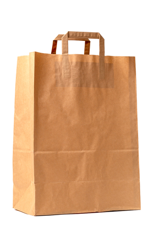 Paper bag on a white background. Bag of paper close up on a white background.の写真素材