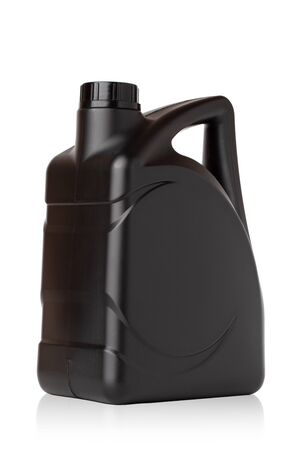 Canister for technical liquids on a white background. Black Canister for automotive oil close-up.の写真素材