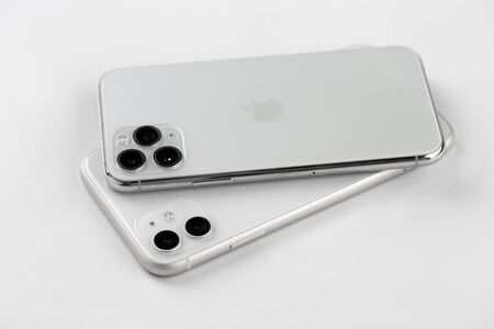 Rostov-on-Don, Russia - November 2019. Apple iPhone 11 and Apple iPhone 1 Pro silver color on a...