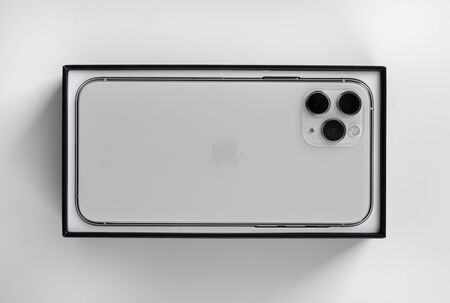 Rostov-on-Don, Russia - November 2019. Apple iPhone 11 Pro silver color on a white background....