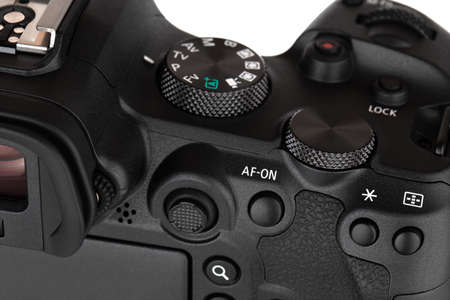 Rostov-on-Don, February 2021. Canon EOS R6 Camera on a white background. Canon's new mirrorless camera close-up.のeditorial素材