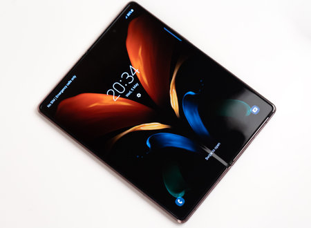 Rostov-on-Don, Russia - May 2021. Samsung Galaxy Z Fold2 on a white background. New smartphone with a folding screen close-up.のeditorial素材