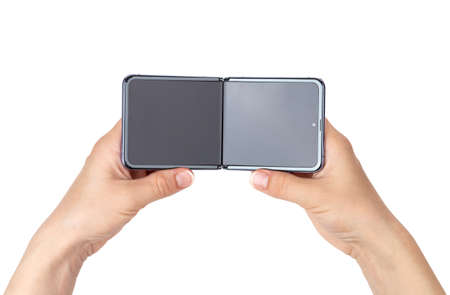 Rostov-on-Don, Russia - June 2020. Samsung Galaxy Z Flip on a white background. New smartphone with...