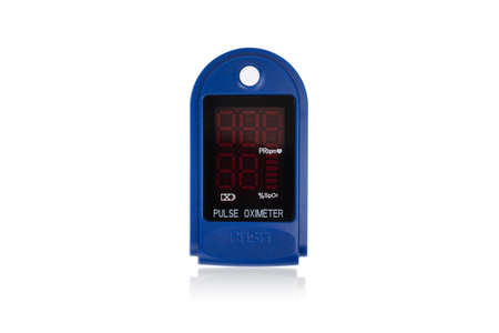 Pulse oximeter on white background Medical diagnostic device for non-invasive measurement of...