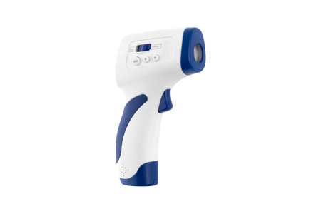 Electronic thermometer on a white background. Infrared electronic thermometer close-up on a white background.の写真素材