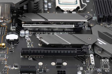 PC motherboard close-up. Close-up of a video card connector on a motherboard.