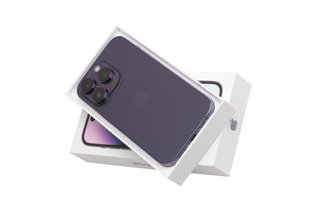 Shenzhen, China - December 2022. iPhone 14 Pro Deep Purple on white background. Smartphone from the...