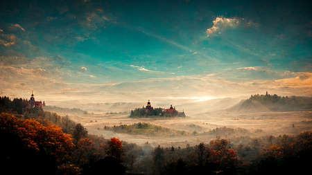 Foggy Landscape of Mountains. Beautiful Digital Art Nature Background.の写真素材