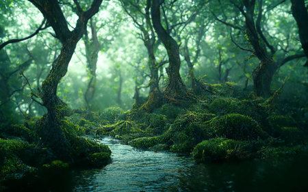 A Flowing River In An Old Mysterious Forestの写真素材