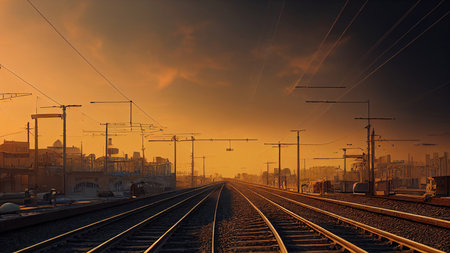 Railway station during sunrise or sunsetの写真素材