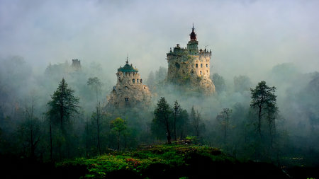 Mystical Castle and Trees Covering With Fog in the Forest. Fantasy Digital Art Background.の写真素材