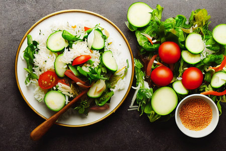 Rice salad with vegetables. Top view. Healthy eating concept.の写真素材