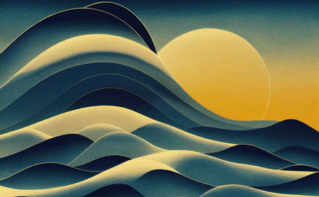 Abstract minimalistic landscape clipart. Sun, mountains and waves.の写真素材