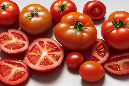 Top view of cut and whole tomatoes on white backgroundの写真素材