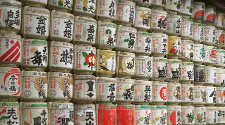 Sake Barrels. Japanese Traditional Culture. Tokyo, Japan - 09.09.2023.のeditorial素材