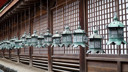 Traditional Japanese Lanterns at the Garden of Shinto Shrine, Nara, Japanの写真素材