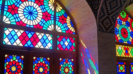 Colorful Stained Glass Window and Interior Details of the Nasir Al-Mulk Mosque (The Pink Mosque). Shiraz, Iran - May 5, 2025.のeditorial素材