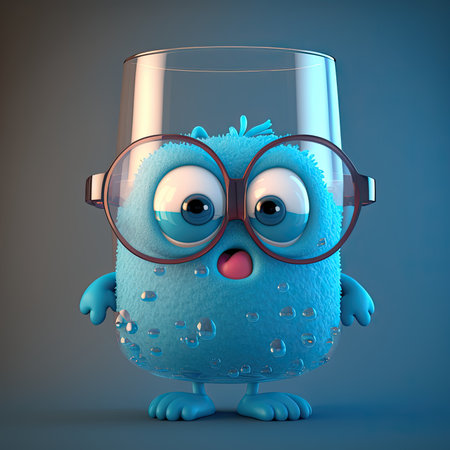 Blue monster with glasses holding a glass of water. 3d illustrationの写真素材