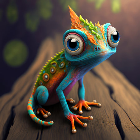 Cute blue chameleon on a wooden background. 3d renderingの写真素材