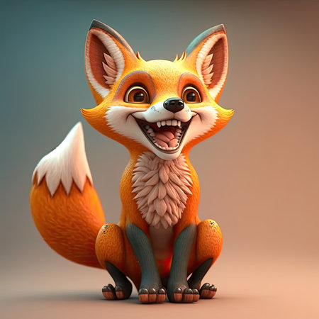 Cute cartoon fox sitting on the floor. 3D illustration.の写真素材