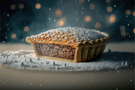 Traditional italian Christmas cake with snow and bokeh background.の写真素材