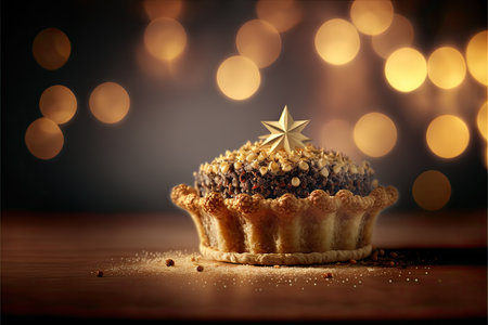 Christmas cake with star on top on wooden table with bokeh backgroundの写真素材