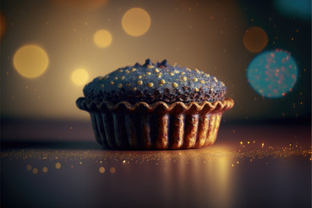 Chocolate muffin with glitters and bokeh background.の写真素材