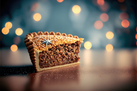 Christmas cake on a wooden table against the background of Christmas lights.の写真素材