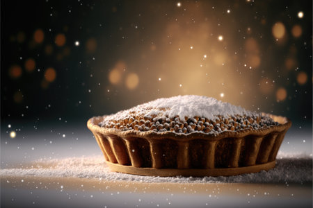 Christmas cake with snow on a dark background with bokeh effectの写真素材