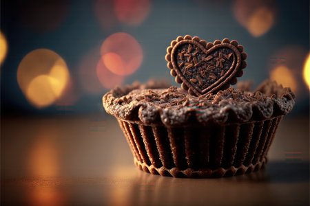 Chocolate muffin with heart on wooden table and bokeh backgroundの写真素材