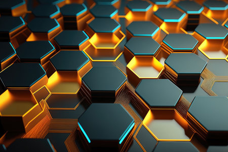 Abstract 3d rendering of hexagonal background with glowing golden elements.の写真素材