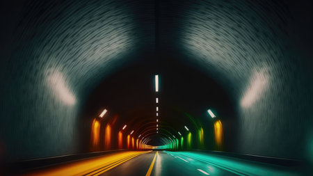 3d rendering of a tunnel with neon lights and a long exposureの写真素材