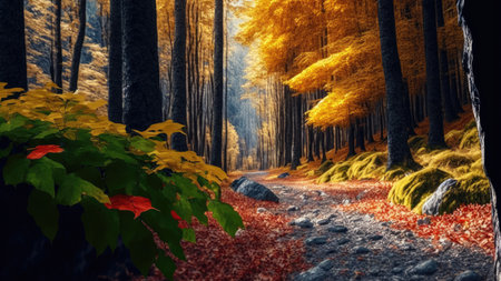 Autumn forest with yellow and red leaves, 3d render illustrationの写真素材