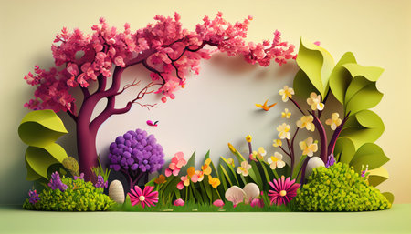 Easter background with spring flowers and easter eggs. Vector illustration.