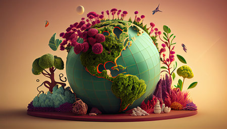 Ecology concept with green planet and world map in 3d illustration