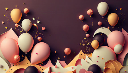 Festive background with balloons, confetti and stars. Vector illustration.