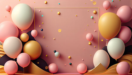 Happy Birthday background with balloons and confetti. 3d illustration.