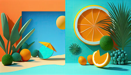 3d render of abstract geometric forms. Minimal scene with tropical plants and fruits.の写真素材