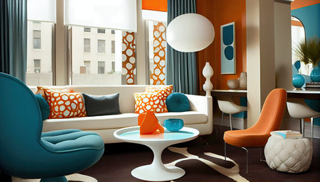 Interior of modern living room with orange and blue furniture, 3d renderの写真素材